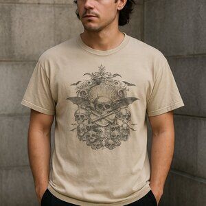 Y2K Gothic Skulls Bats Graphic Beige T-Shirt Route 66 Men’s 2X
